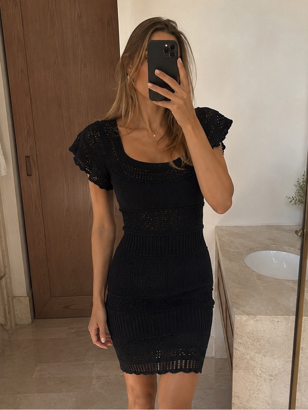 Ronny Kobo Black Crochet Knit Mini Dress XS